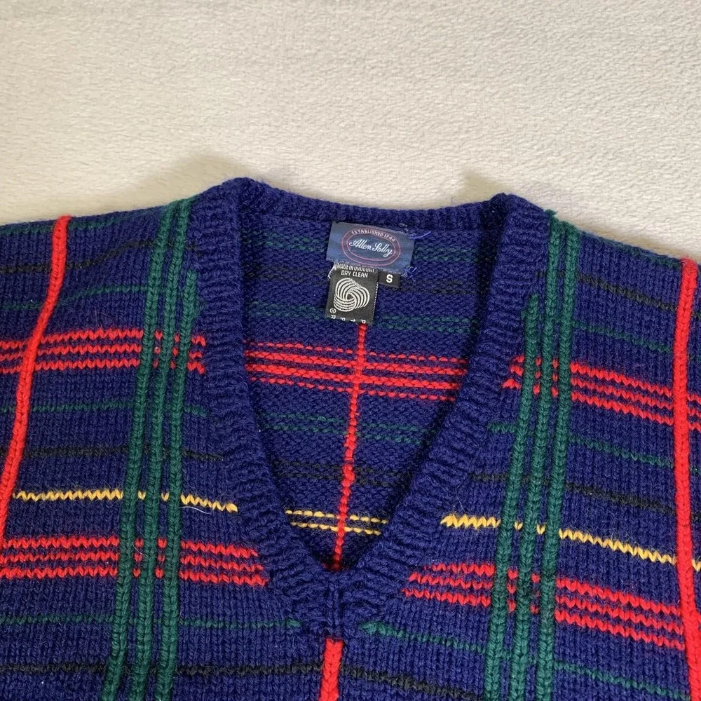 Vintage Allen Solly Sweater Vest Mens S Blue Plaid V Neck 100% Wool Knit Uruguay